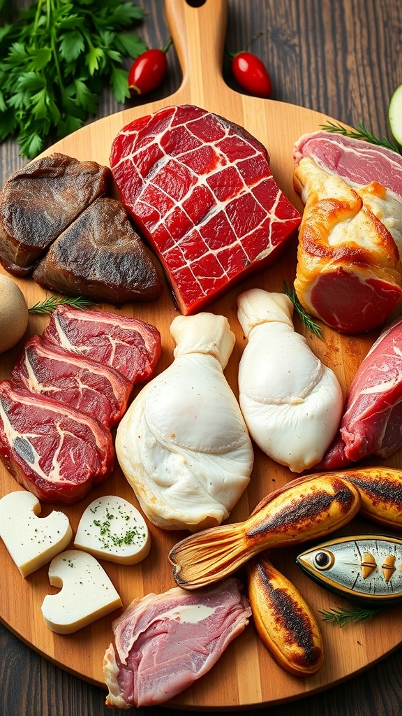 30-Day Carnivore Diet Meal Plan An assortment of meats including steak, chicken, and seafood on a cutting board with herbs.